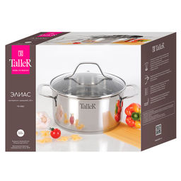 Кастрюля из нержавеющей стали Элиас 3л, д20см, h10,5см, s0,6мм, дно s2,8мм, стеклянная жаропрочная крышка, стальной обод, пароотвод, капсулированное дно, полировка внешняя - зеркальная, внутренняя - зеркальная, мерная шкала, цветная коробка, Talle - Домашняя мода фото 5