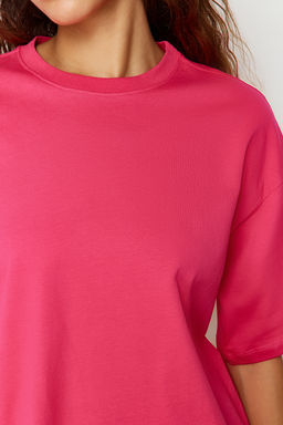 Fusya%100 Kal?n Pamuklu Premium Oversize/Genis Kal?p Bisiklet Yaka Orme T-Shirt TWOSS23TS00040