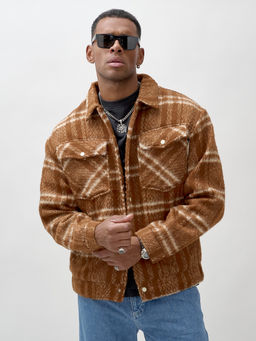 Куртка рубашка шерстяная в клетку мужская демисезонная горчичного цвета 58596G