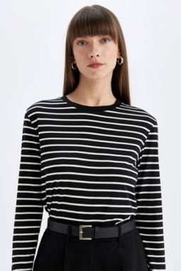 Regular Fit Bisiklet Yaka Cizgili Casual Uzun Kollu Tisort