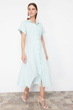 TRENDYOLMILLA Siyah Belden Ac?lan Midi Dokuma Gomlek Elbise TWOSS24EL00052  фото 7