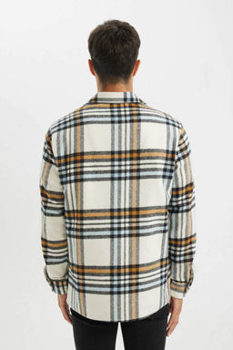 Фланелевая рубашка стандартного кроя с воротником поло и длинными рукавами в клетку - Defacto фото 6