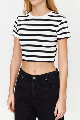 Trendyolmilla Premium Tas Ekru Cizgili Viskoz/Yumusak Kumas Crop Bisiklet Yaka Esnek Orme Bluz TWOSS23BZ00198 фото 44