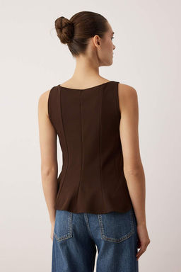 Kahverengi Peplum/Belden Oturmal? Kay?k Yaka Esnek Orme Bluz TWOAW26BZ00229 - Trendyolmilla фото 4
