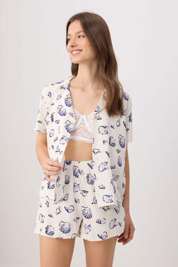 Lacivert Bask?l? Shally Dokuma Pijama Tak?m? THMSS26PT00214