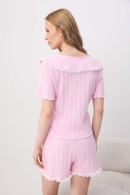 Pembe %100 Pamuklu Yaka Detayl_ Fitilli/Pointel _rme Pijama Tak_m_ THMSS26PT00253 - Trendyolmilla фото 4