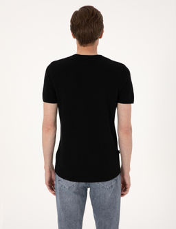 Siyah Slim Fit Keten Kar___ml_ Bisiklet Yaka Triko Ti__rt