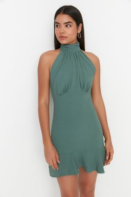 Haki Halter Yaka A Kesim Astarl? Mini Dokuma Elbise TWOSS21EL1538