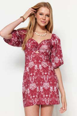 Bordo Duz Kesim Mini Pamuklu Kalp Yaka Desenli Dokuma Elbise TWOSS23EL00284 - Trendyolmilla фото 4