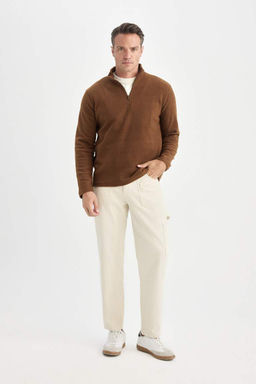 Коричневый флисовый свитшот стандартного кроя с воротником-стойкой и защитой от холода, с защитой от катышков и молнией - Defacto фото 2