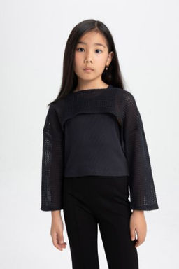 K?z Cocuk Relax Fit Bisiklet Yaka Ribana Uzun Kollu Tisort