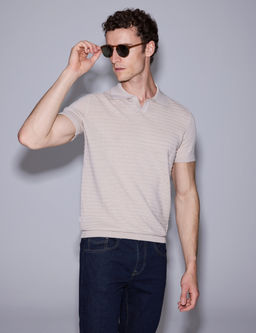 Bej Slim Fit Keten Kar__ml_ Apa_ Yaka Triko Ti__rt