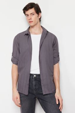 Antrasit Regular Fit Etamin Dokulu Gomlek TMNSS24GO00030