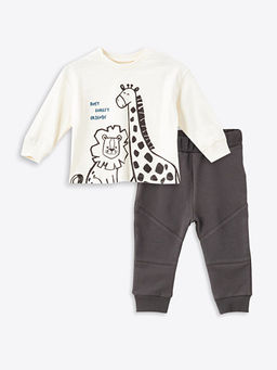 Bisiklet Yaka Uzun Kollu Bask?l? Erkek Bebek Ti??rt ve E?ofman Alt 2li Tak?m