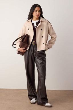 Bej Kruvaze Oversize K?sa Trenckot TWOAW26TR00020