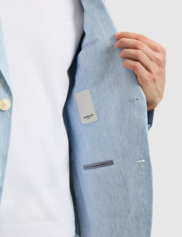 A__k Mavi Slim Fit %100 Keten Mikro Desen Mono Yaka Ceket