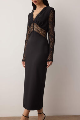 Siyah Dantel Detayl? Dokuma Finike Midi Astars?z S?k/Gece Elbise TPRAW26EL00104