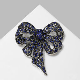Брошь «Бант» узорчатый, цвет бело-синий в чернёном серебре МИКС
