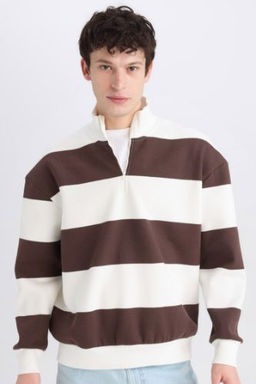 Boxy Fit Fermuarl? Dik Yaka Cizgili Sweatshirt