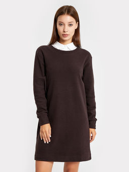 Платье женское c белым воротничком в шоколадно-коричневом оттенке