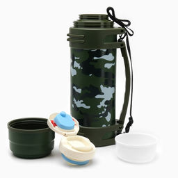Термос Тропа. Камуфляж, 2 л, 13.5?36 см, с двумя кружками, с ремешком, сохраняет тепло 24 ч, нержавеющая сталь, зелёный