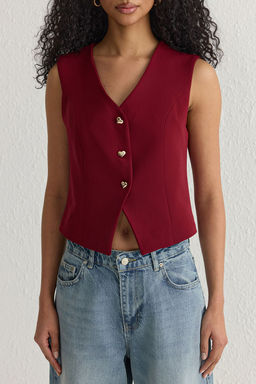 Bordo Fitted Crop Kalpli Dugmeli Dokuma Yelek TWOSS25YE00015