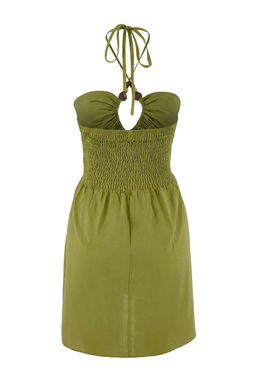 Yag Yesili Dokuma Boyundan Baglamal? Aksesuar Detayl? %100 Pamuk Mini Plaj Elbisesi TBESS26EL00020