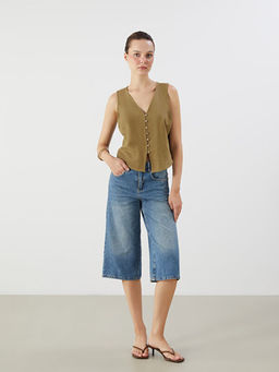 V Yaka Keten Kar???ml? Kad?n Klasik Yelek