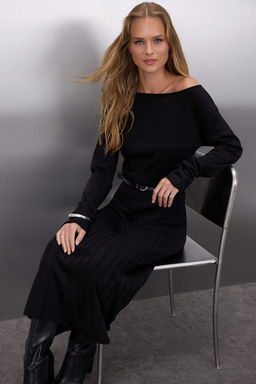 Siyah A-line Kay?k Yaka Maxi Triko Kemerli Elbise TWOAW26EL00013 - Trendyolmilla фото 2