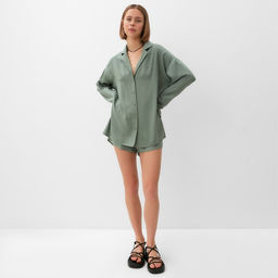 Костюм женский (рубашка, шорты) MINAKU: Casual Collection, оливковый, размер 42