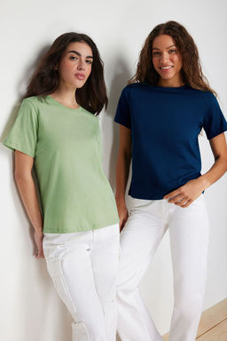 Petrol-Mint %100 Pamuk Bisiklet Yaka 2li Paket Orme T-Shirt TWOSS20TS0141