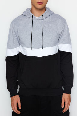 Gri Slim/Dar Kesim Kapusonlu Kanguru Cepli Renk Bloklu Kal?n Sweatshirt TMNAW20SW0208 - Trendyolmilla фото 4