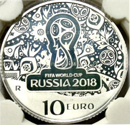 Монета 10 евро 2018 года Италия Чемпионат мира по футболу 2018, Россия (в слабе)