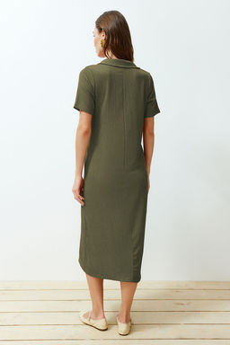 Haki Polo Yaka K?sa Kol Midi Burumcuk/Dokulu Orme Elbise TWOSS24EL00478