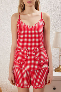 Trendyolmilla K?rm?z? Kalp ve F?rf?r Detayl? Ekose Sortlu Dokuma Pijama Tak?m? THMSS25PT00221 фото 3