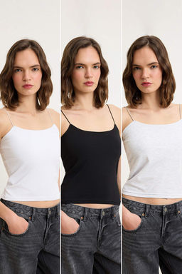 Trendyolmilla Siyah-Beyaz-Bej 3lu Paket Ask?l? Vucuda Oturan Kare Yaka Esnek Orme Atlet TWOSS24AL00054  фото 26