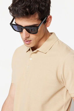 Bej Slim/Dar Kesim Yakas_ _izgili Basic %100 Pamuk Polo Yaka T-shirt TMNSS20PO0009