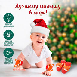 Подарочный набор новогодний «Лисички», браслеты - погремушки, носочки - погремушки, красный, Крошка Я