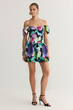 TRENDYOLMILLA Cok Renkli Carmen Yaka Cicekli Poplin Dokuma Mini Elbise TPRSS25EL00107  фото 2