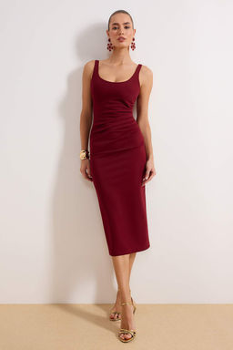 Bordo Vucuda Oturan Midi Orme Elbise TPRAW26EL00161