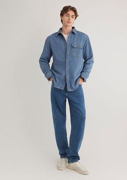 Jeremy Classic Denim Suni Kurklu Indigo Mavisi Jean Gomlek  фото 4