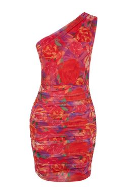 Cok Renkli Astarl? Vucuda Oturan Cicek Desenli K?sa S?k Abiye Gece Mezuniyet Elbisesi TPRSS23EL00363