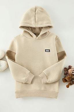 Bej Kapusonlu Erkek Cocuk Renk Bloklu Duz Orme Mini Me Sweatshirt TKDAW25SW00110