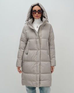 Пальто зимнее утепленное с капюшоном женское бежевого цвета 7618B