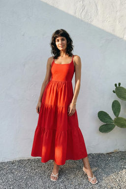 TRENDYOLMILLA K?rm?z? Etegi Belden Ac?lan Pamuk Kar?s?ml? Maxi Dokuma Elbise TWOSS24EL00386  фото 27