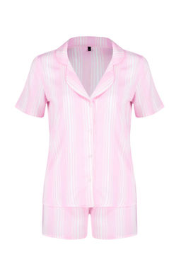 Pembe Cizgili Biye Detayl? Viskon Sortlu Dokuma Pijama Tak?m? THMSS24PT00279