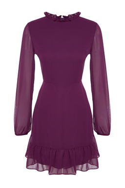 TRENDYOLMILLA Siyah A Kesim F?rf?r Detayl? Dik Yaka Mini Astarl? Sifon Dokuma K?sl?k Elbise TWOAW24EL00722  фото 12