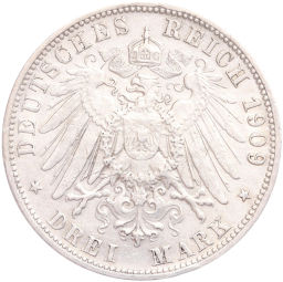 Монета 3 марки 1909 года F Германия (Вюртемберг)