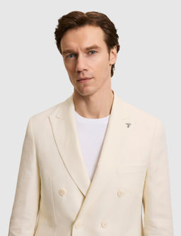 Beyaz Slim Fit Y_n Keten Kar___ml_ Bal_ks_rt_ K_rlang__ Yaka Kruvaze Ceket