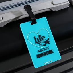 Бирка на чемодан резиновая Life is about adventure, бирюзовая